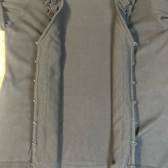 Chico’s Ruffled Black Dressy Cardigan Sweater Size 2 V-Neck Very Soft - Picture 8 of 12